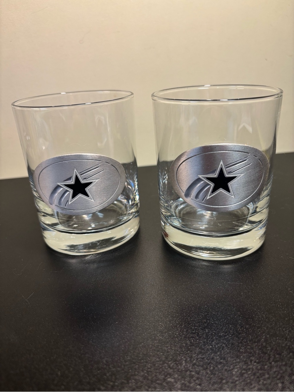 Source Unknown Silver Oval Medallion Glasses with Black Star Emblem (Set of 2)
